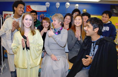 Students at McNally High School in Edmonton celebrate teacher Mary-Ellen Perley-Waugh’s Prime Minister’s Award for Teaching Excellence.
