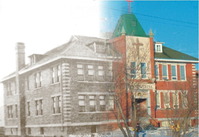 The old and new St. Martin Catholic School, Vegreville