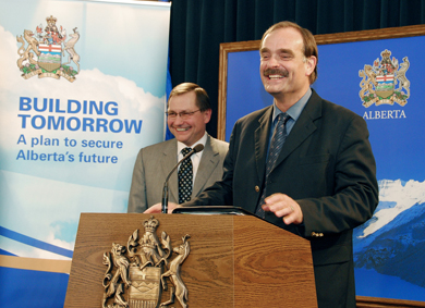 Premier Ed Stelmach and ATA President Frank Bruseker at the press conference announcing the historic pension agreement between the government and the ATA