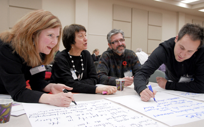 Participants attending the Teacher Induction Practices Symposium, held November 9 at Barnett House, brainstorm ways to assist new teachers and encourage them to remain in the profession.